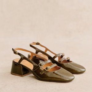 Sezane Paula Babies Patent Khaki Size 39 NEW WITH BOX